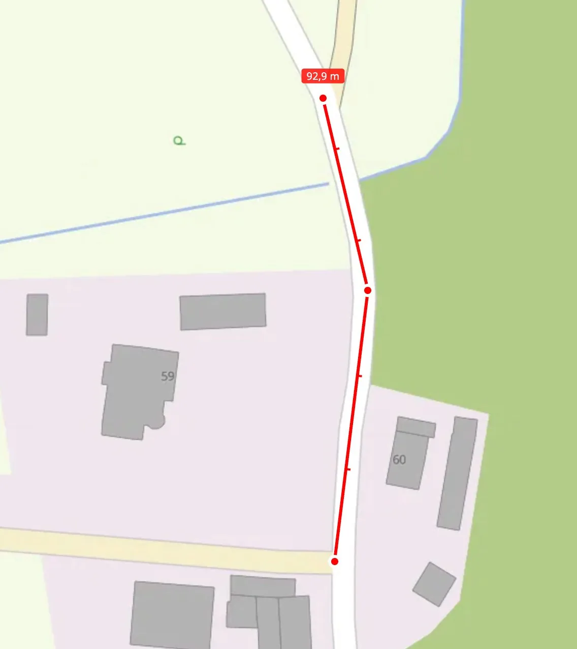 Messung im BayernAtlas &ndash; 92,9m Stra&szlig;enabschnitt