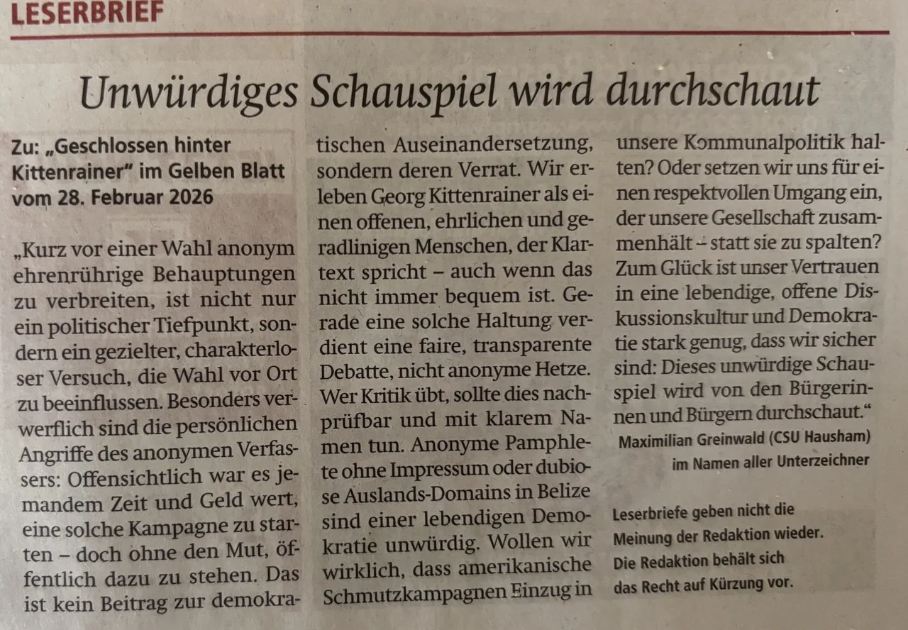 Leserbrief im Gelben Blatt: Unwuerdiges Schauspiel wird durchschaut – Maximilian Greinwald, CSU Hausham