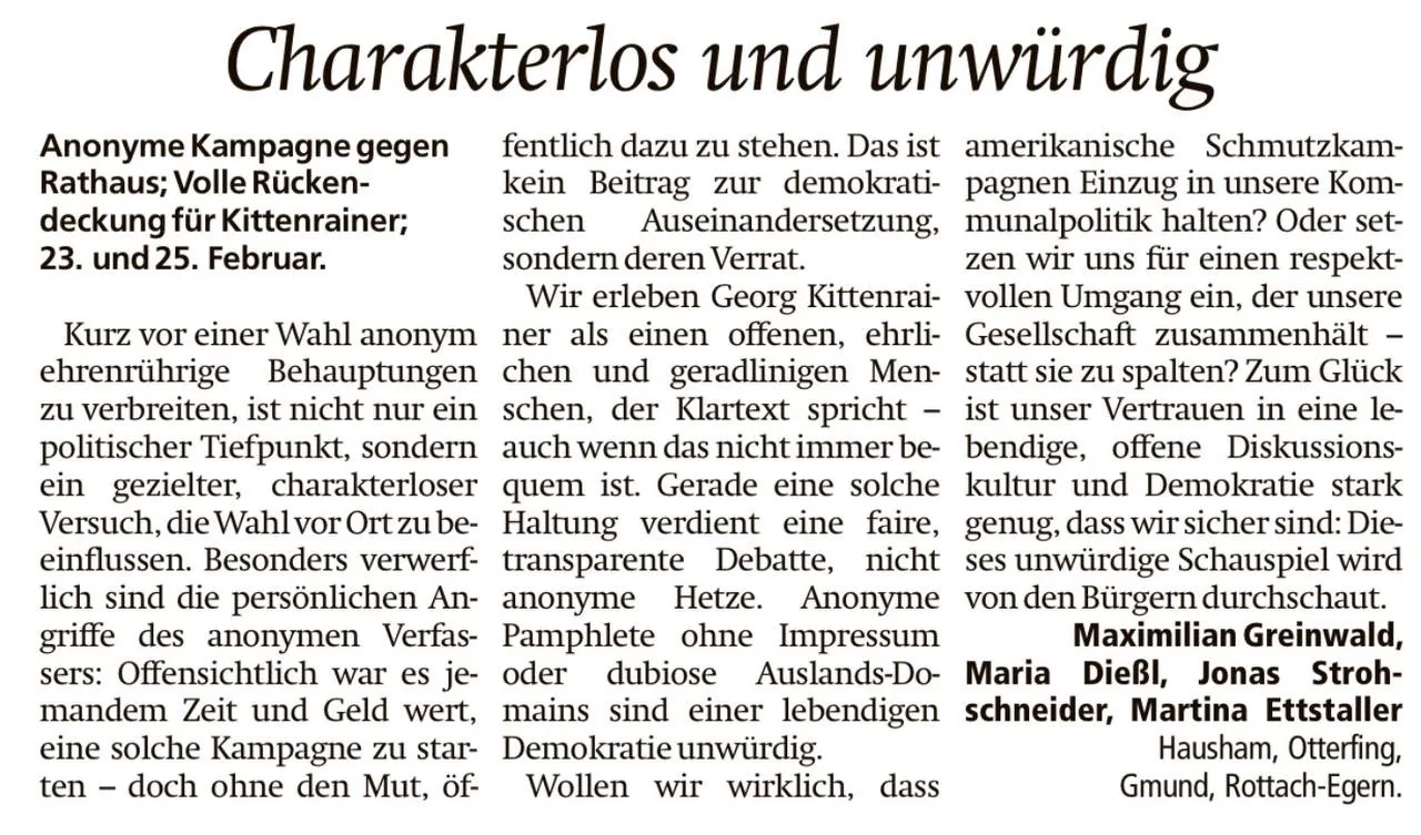 Leserbriefe im Miesbacher Merkur / Tegernseer Zeitung: Charakterlos und unwuerdig – Unterzeichner aus Hausham, Otterfing, Gmund, Rottach-Egern