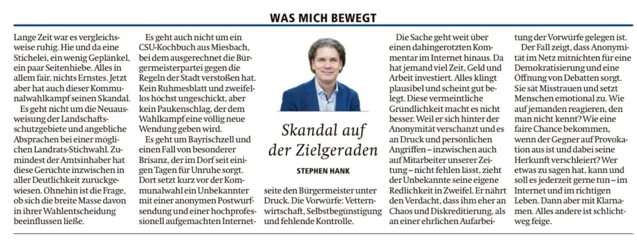Stephen Hanks Kolumne &laquo;Was mich bewegt&raquo; im Miesbacher Merkur