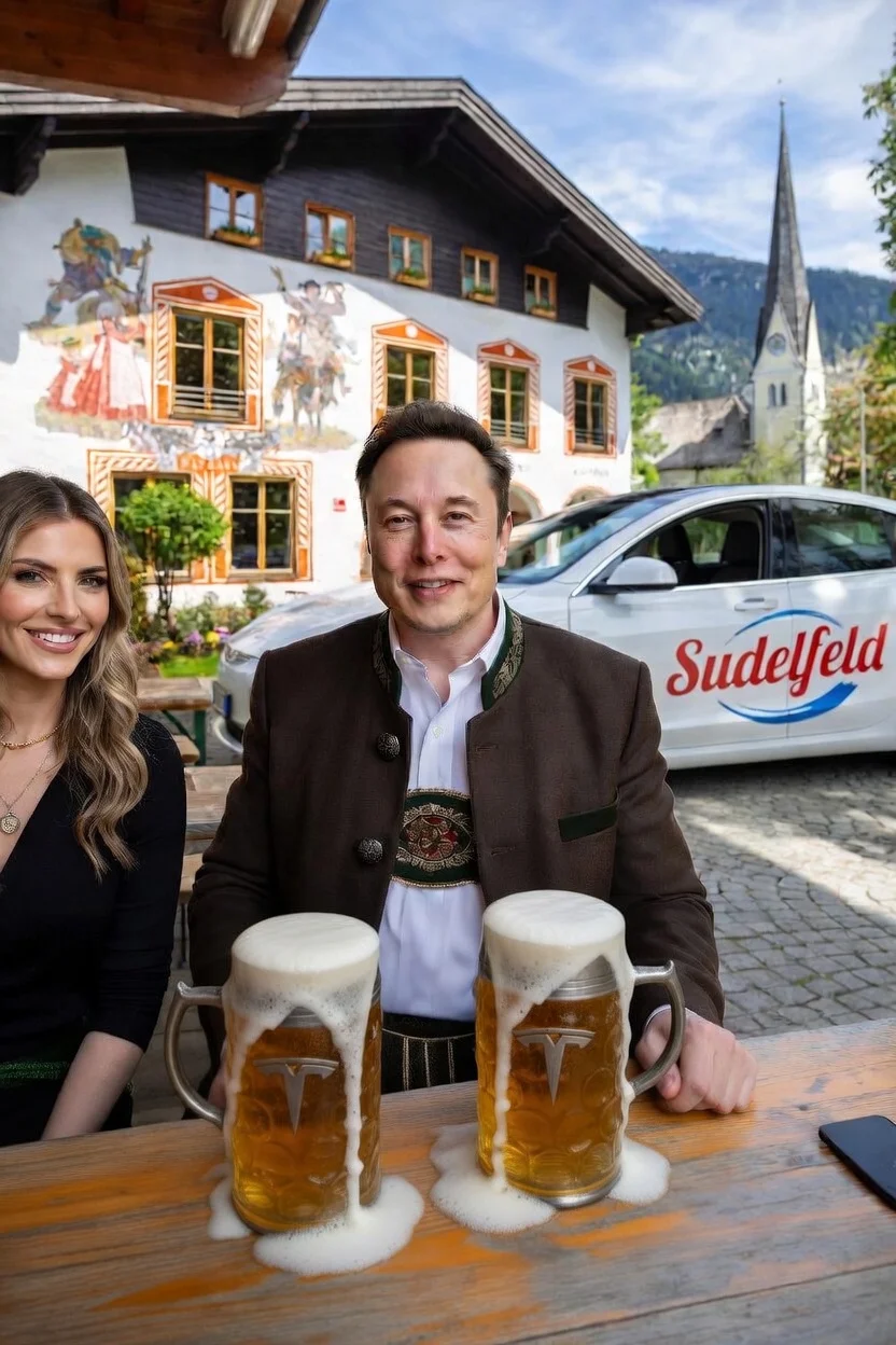 KI-generiertes Bild: Elon Musk in bayerischer Tracht am Sudelfeld mit zwei Ma&szlig; Bier